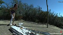 Busty Babe Screams While Fucking Machine Outdoors