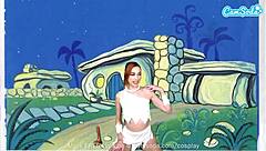 cute teen cosplays wilma, masturbates and sucks huge cock on webcam