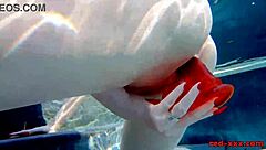 Red XXX teases pussy with toy by pool