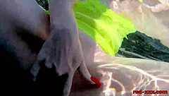 Red XXX teases pussy with toy by pool