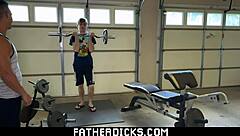 Gay stepbrothers engage in raw anal penetration at home gym.