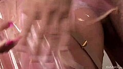 who's that blonde milf fucking on the bench in raincoat