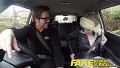 Fake driving instructor cums over learner's pussy after anal