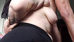 Fat redhead gives blindfold blowjob and receives facial