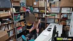 Blonde caught shoplifting gets drilled by mall cop.