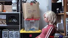 tiny teen thief gets busted by big dick guard, sucks and fucks