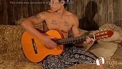 Gay Asian Muscle Guitarist Masturbates Naked on Hay