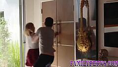 Teen stepsister masturbates and gives a blowjob in HD