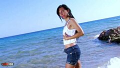 Milf Arab Brunette Bettina Kox Strips Nude on Wet Beach