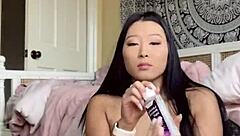 Cute Asian Strips and Plays with Dildo, Teasing You