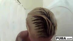 Nude milf with big tits indulges in solo bathing and masturbation