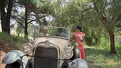 two horny chicks fucking with a stranger in the nature