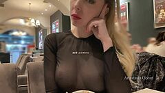 My nipples got hard under see-through blouse in busy cafe crowd