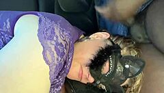 Caught on camera: Busty blonde milf blows black cock in car