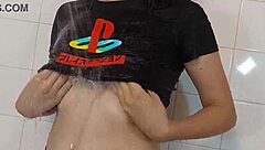 Is that nerdy step sister bathing alone in the shower?