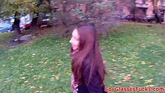 Babe takes strangers' cock hard in wild POV banging session outdoors.