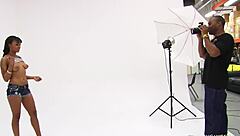 Black guy thrusts into shaved ebony milf's pussy for hard cum