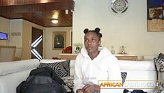 Pretty ebony student swallows in fake casting blowjob