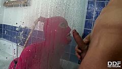 Fetish babe latex Lucy rides masked guy's hard veiny cock in the bath tub