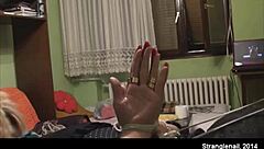 Girl hogtied with palms out, ready for more bondage fun?