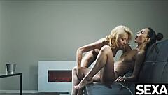 Lesbian blonde gets oiled up and pleasures herself with fingers and tongue