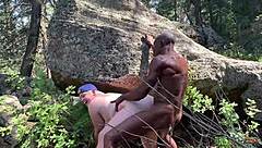 Interracial blowjob and face-fucking in the great outdoors with Leila Jane