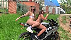 Sara and friend get wild on motorcycle with orgasm