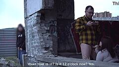 Teen gives blowjob outdoor, guy cums while peeping!