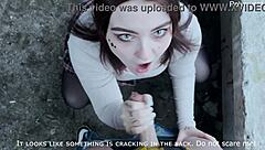 Teen gives blowjob outdoor, guy cums while peeping!