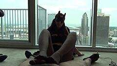 batgirl drains the villain's cock with her nylon footjob to save the city.
