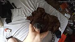 Bent over brunette takes monster cock doggystyle!