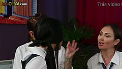 Blindfolded Babe Sucks Cock in College Uniform Group Handjob