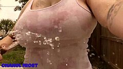 i wet my huge tits outside with neighbor's waterhose in milf story