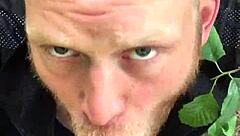 Hunk gives deepthroat blowjob to monster cock in outdoor nature setting