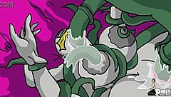 Hentai depicts a white woman's first experience with a big black cock while aliens attempt to take over the world.