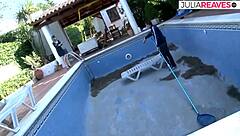 Slutty cleaning lady neglects pool duties and engages in hardcore fucking with the moaning owner