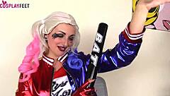Two Harley Quinn cosplayers show feet in pantyhose