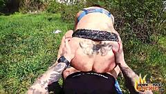 Dtfdating brunette milf with big natural tits gets fucked by stranger outdoors