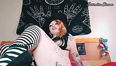 in this halloween cosplay, a chubby witch masturbates using her long nails