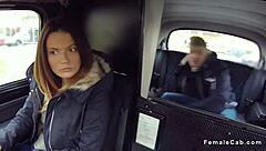 Female taxi driver passionately blows burglar in backseat cab