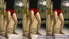 Mature man flaunts his small penis in red tights at the Mistral fetish event in an erotic gay video