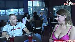 Watch Brunette Milf Fuck Bareback in Public Bar!