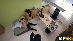 Admirable duo of milf and creditor negotiating payment in office.