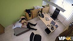 Admirable duo of milf and creditor negotiating payment in office.