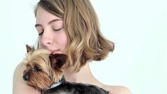 Hot Naked Blonde Cuddling Her Puppy.