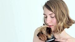 Hot Naked Blonde Cuddling Her Puppy.