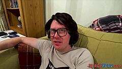 European girl gives first time oral to British nerd