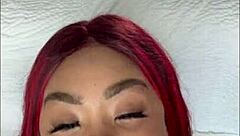 redhead ebony milf demonstrates deepthroat techniques with a dildo