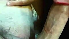 that submissive girl with red lipstick gives a deep throat blowjob