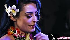 Hot fire dancer jewelz blu gets spanked and sucks huge dick in interracial blowjob cunilingus sideways at tiki bar